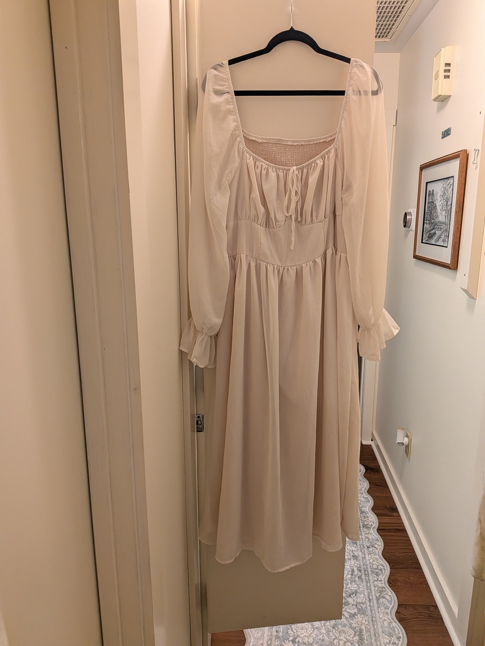 Cream Long Sleeve Midi Dress with Smocked Neckline 3XL